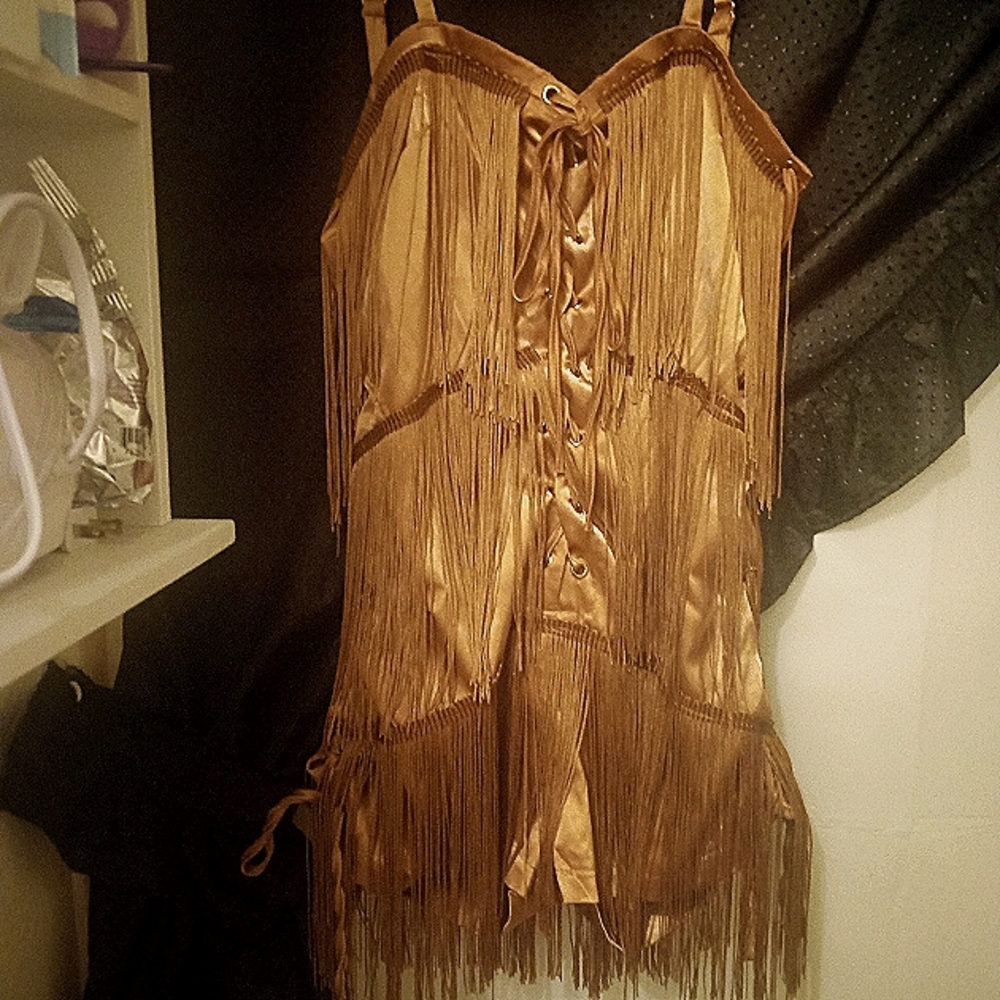 Flirty Copper Fringed Romper lace up w/ zipper sz. Med